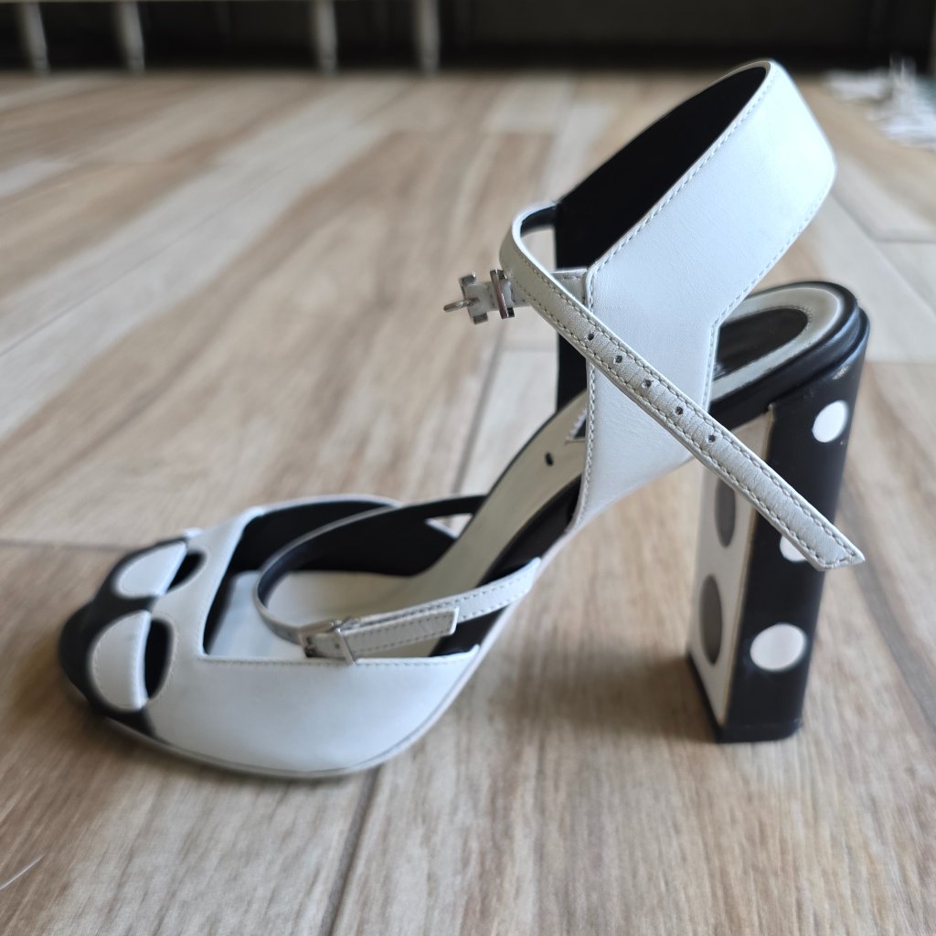 Fendi Black & White Leather Polka Dot Strap Heel Eur. 36.5